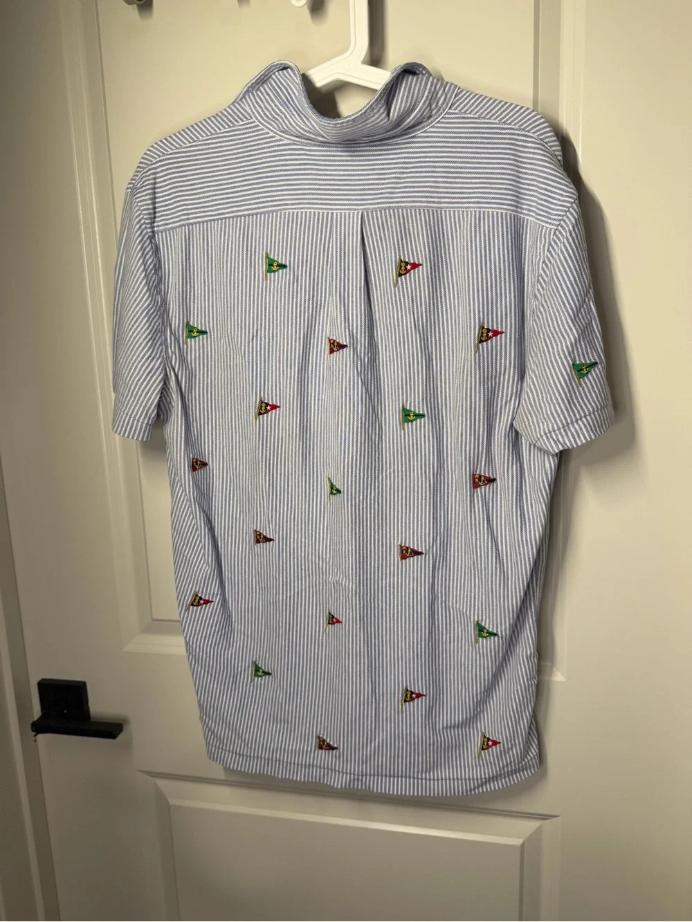 Ralph Lauren Light Blue & White Striped Polo with Embroidered Nautical Pennants
